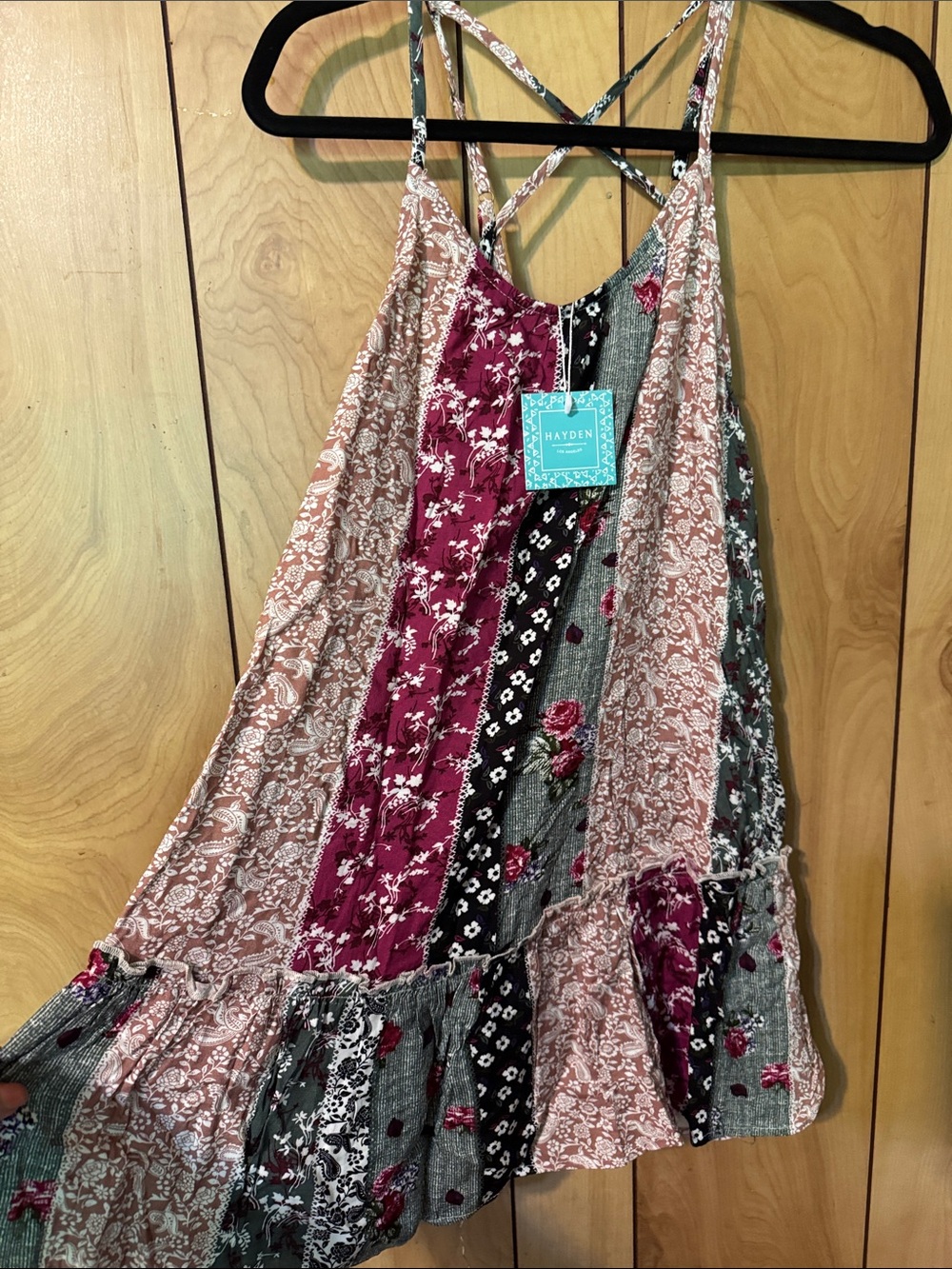 Hayden Pink, Gray and Black Patchwork Floral Strappy Top